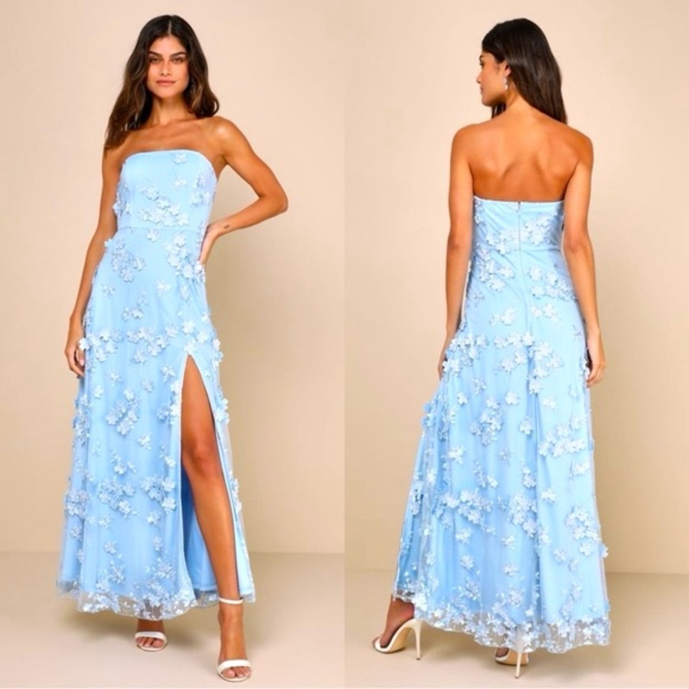 Lulus Elegant Blue Strapless Floral‎ Dress Size XS